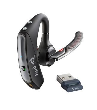 Poly Voyager 5200 UC, Bluetooth para moviles y computadoras, incluye estuche de carga y adaptador Bluetooth