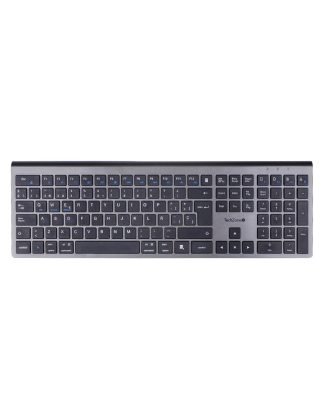 Teclado HEFESTOS recargable con conexión Bluetooth TECHZONE TZACTCB01 color plata, QWERTY. Compatibilidad: Windows, Android y MacOS.